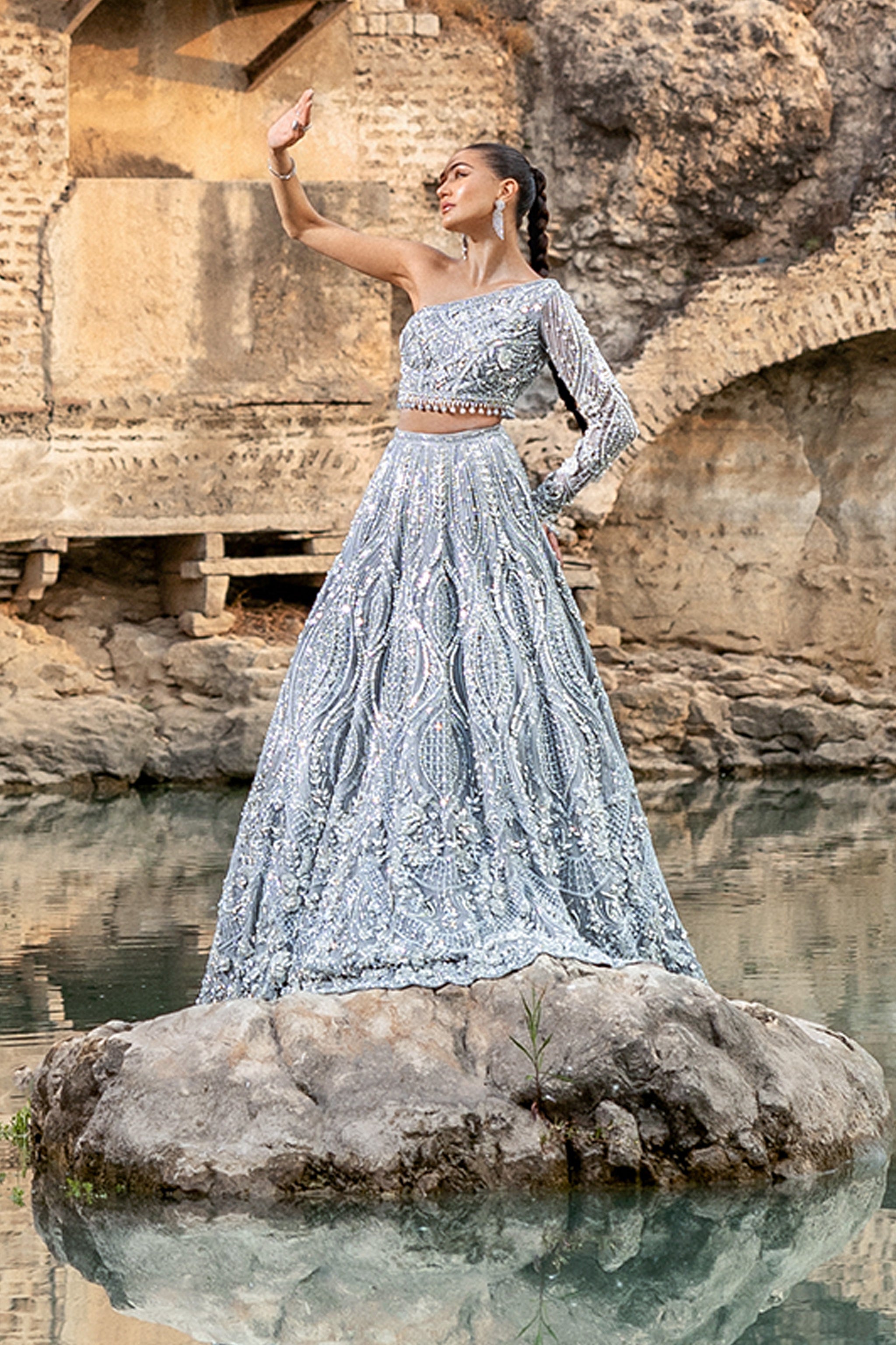 Silver Hand-Embellished Silk Bridal Lehenga (3-Piece) - Image 3