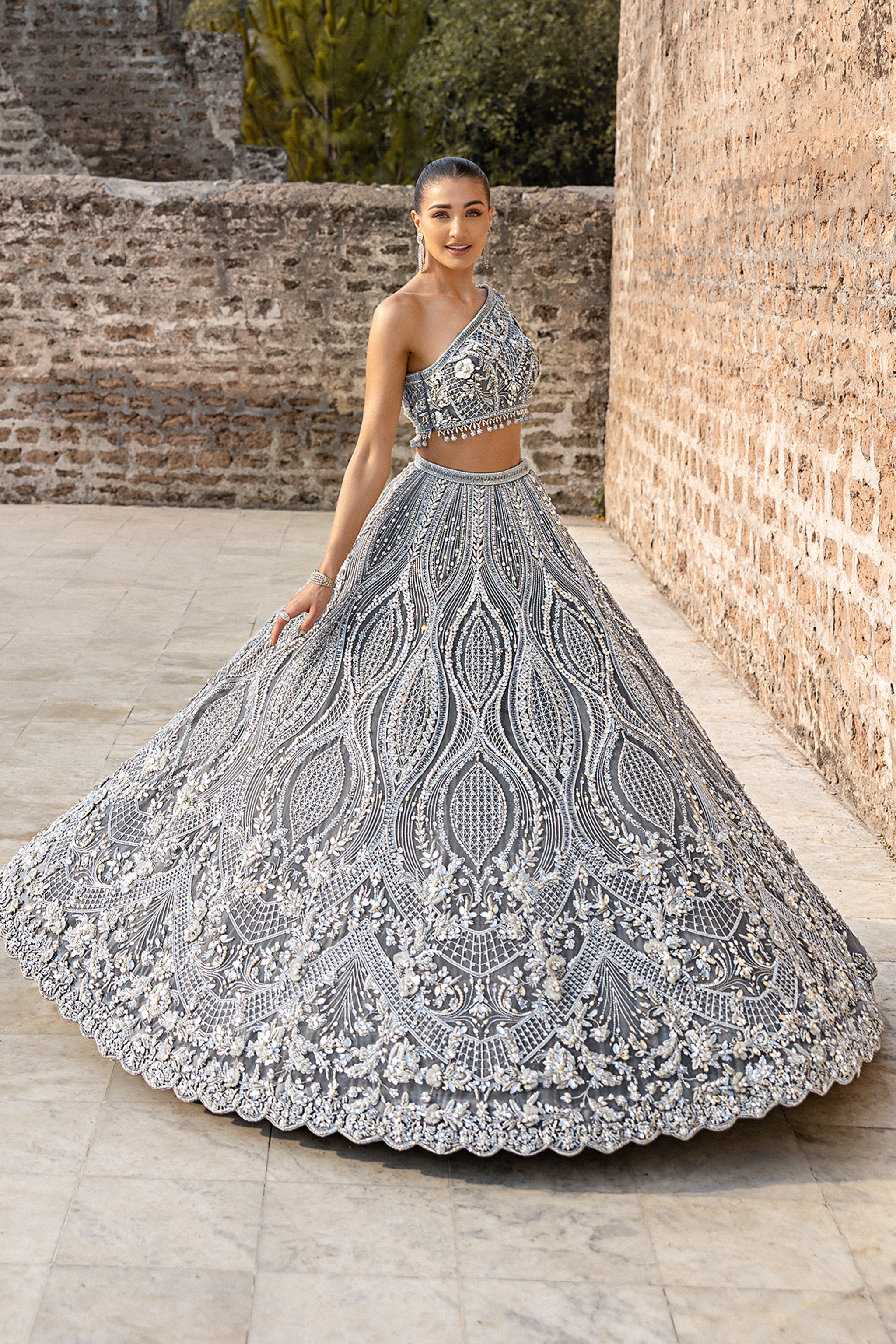 Silver Hand-Embellished Silk Bridal Lehenga (3-Piece) - Image 4