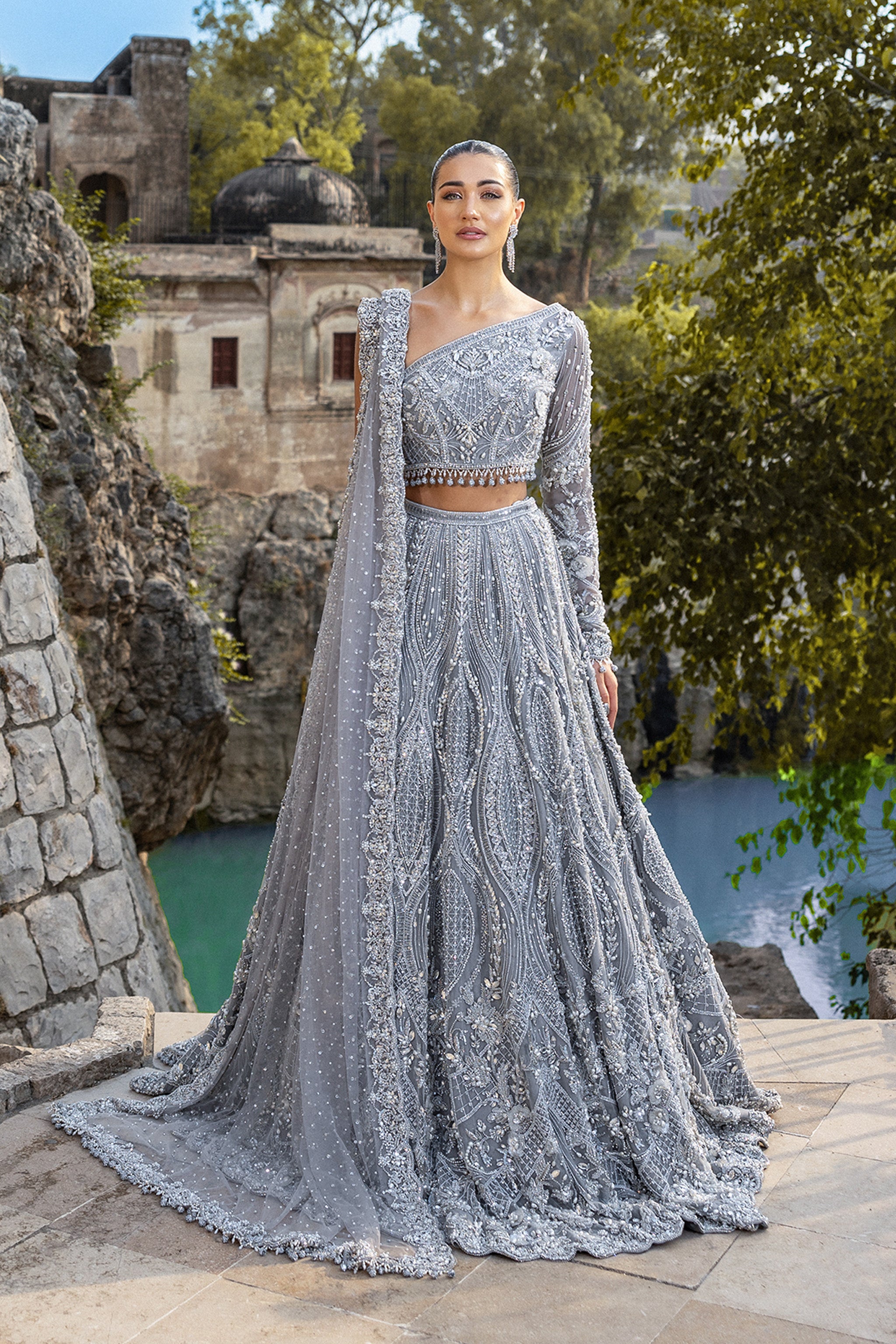 Silver Hand-Embellished Silk Bridal Lehenga (3-Piece) - Image 5