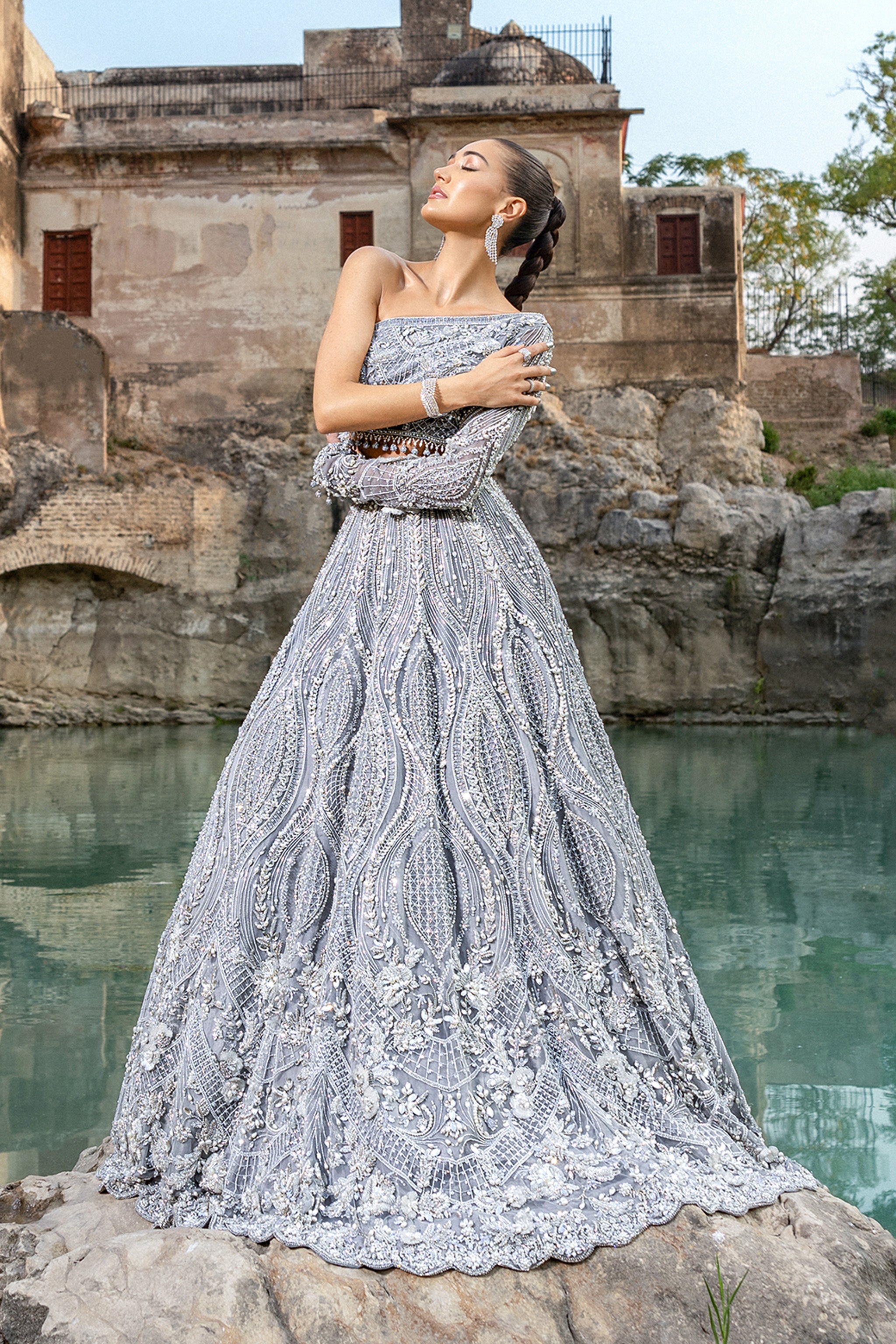 Silver Hand-Embellished Silk Bridal Lehenga (3-Piece) - Image 6