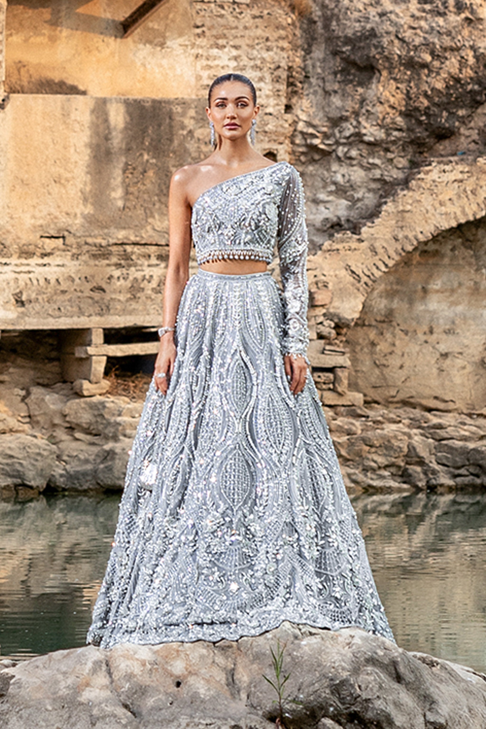 Silver Hand-Embellished Silk Bridal Lehenga (3-Piece) - Image 7