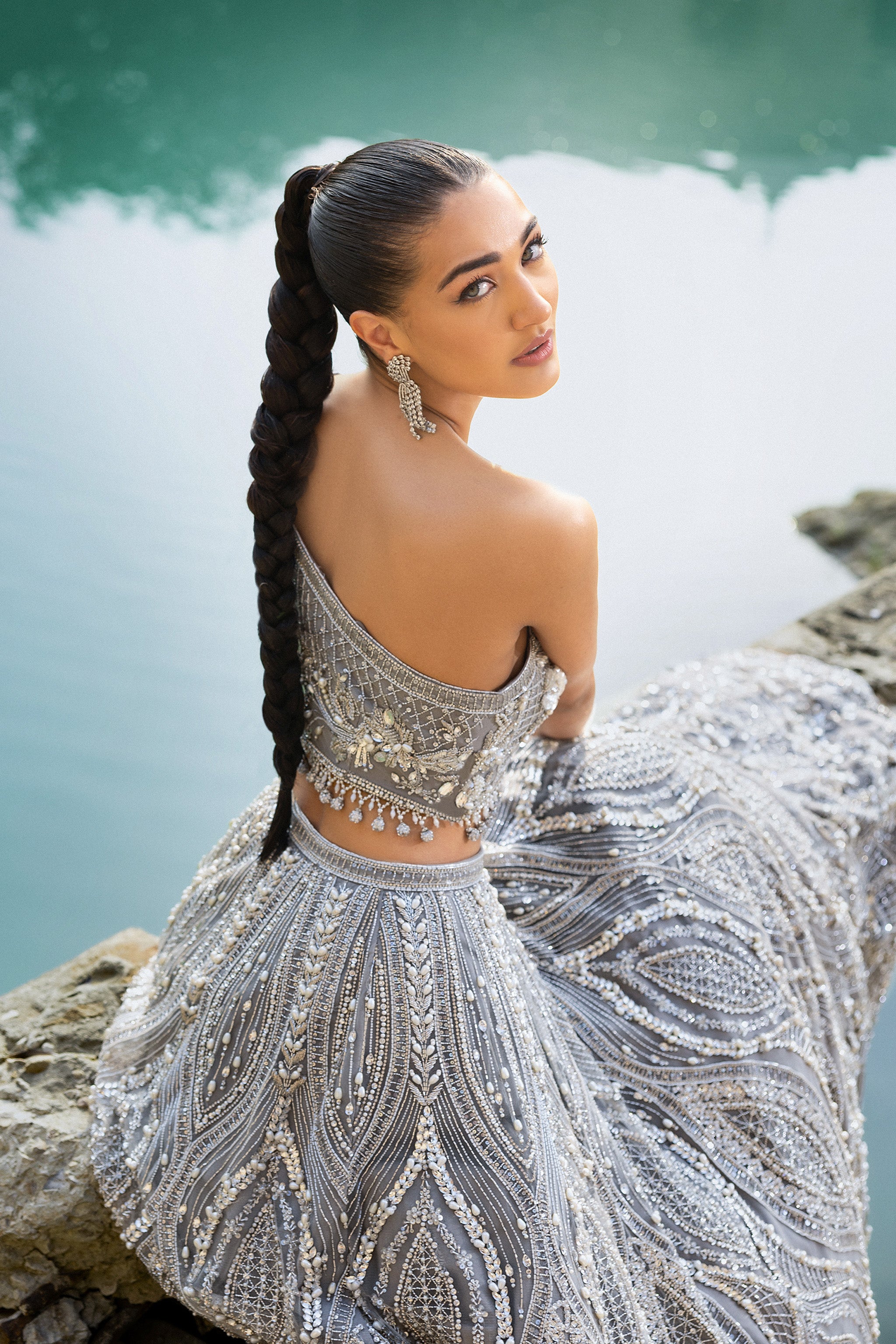 Silver Hand-Embellished Silk Bridal Lehenga (3-Piece) - Image 8