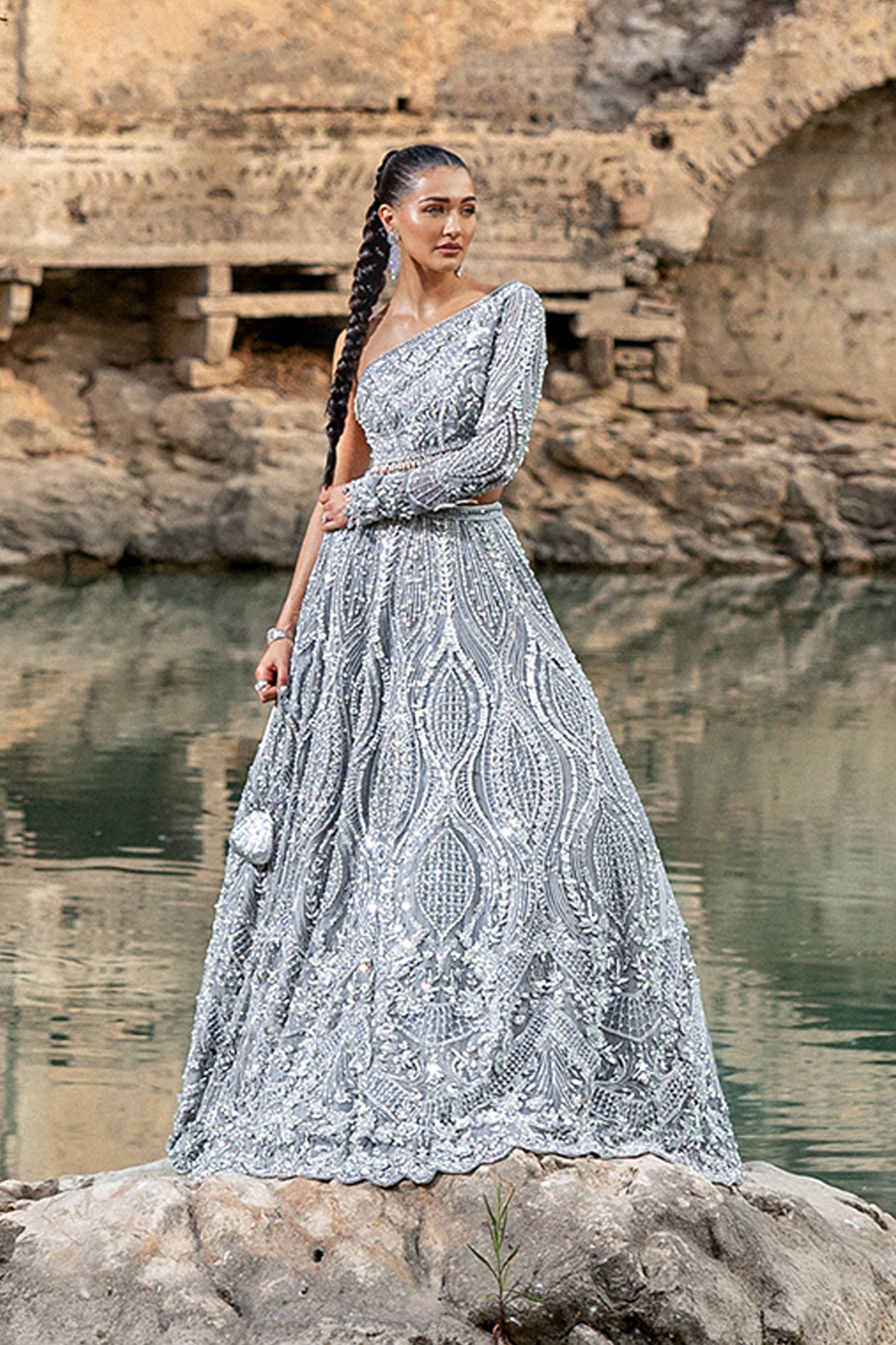 Silver Hand-Embellished Silk Bridal Lehenga (3-Piece) - Image 9