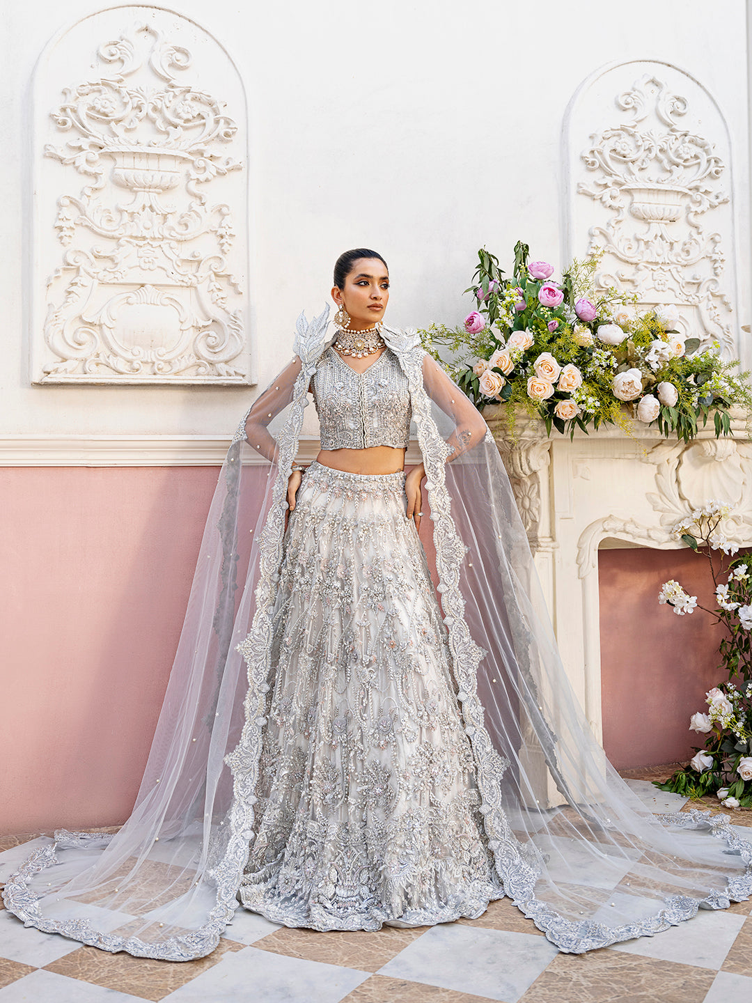 Silver Embellished Silk Bridal Lehenga (3-Piece) - Image 1