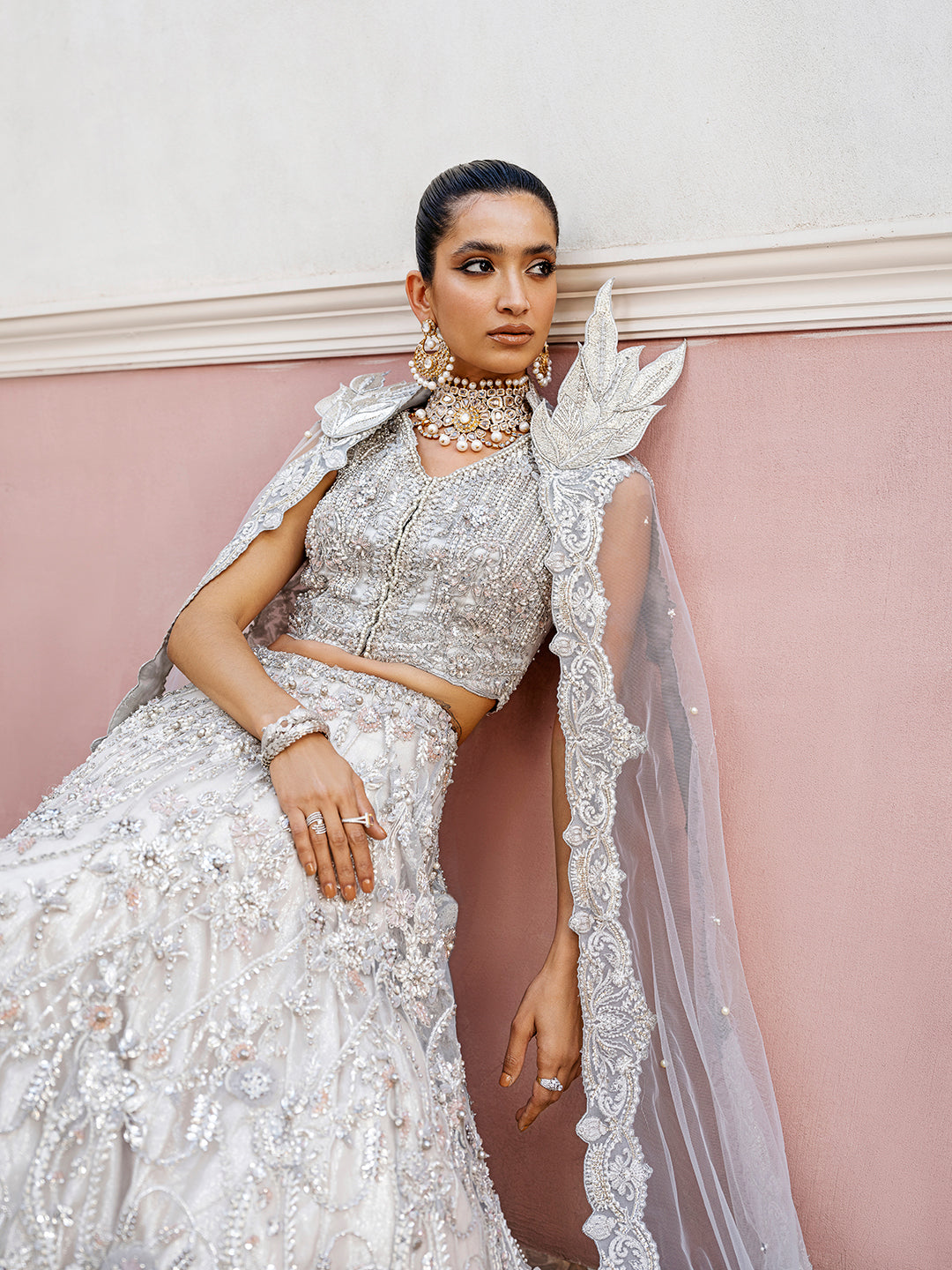 Silver Embellished Silk Bridal Lehenga (3-Piece) - Image 2