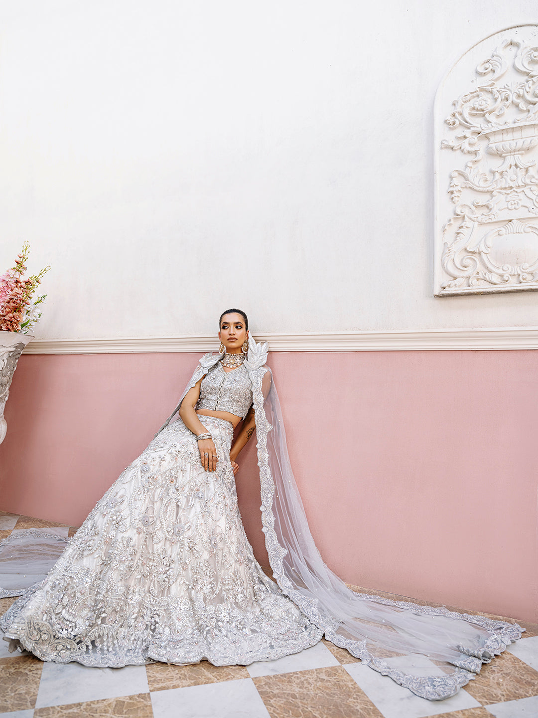 Silver Embellished Silk Bridal Lehenga (3-Piece) - Image 4