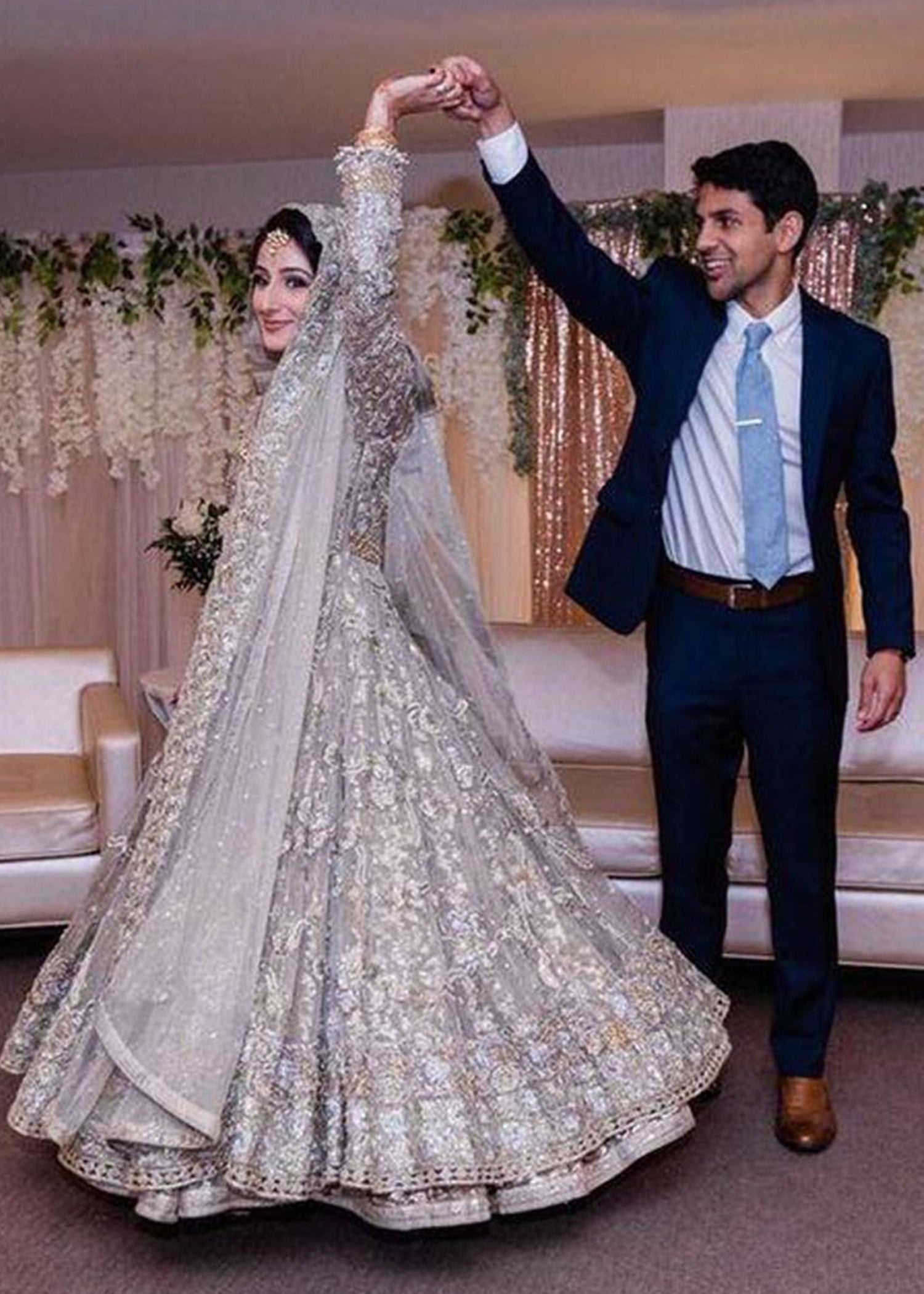 Silver Grey Embellished Net Silk Bridal Lehenga (3-Piece) - Image 1