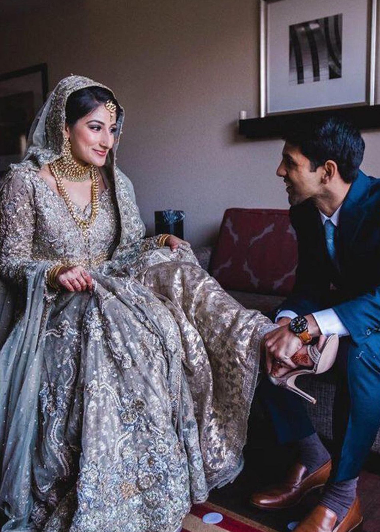 Silver Grey Embellished Net Silk Bridal Lehenga (3-Piece) - Image 2