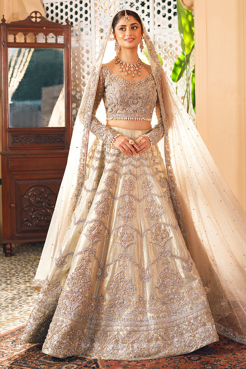 Pakistani Silver Embroidered Tissue Lehenga Bridal Set (3-Piece) - Image 4