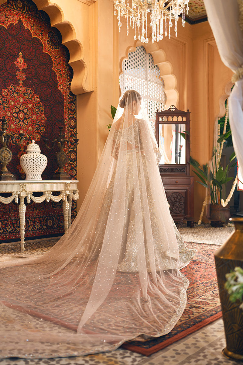 Pakistani Silver Embroidered Tissue Lehenga Bridal Set (3-Piece) - Image 5