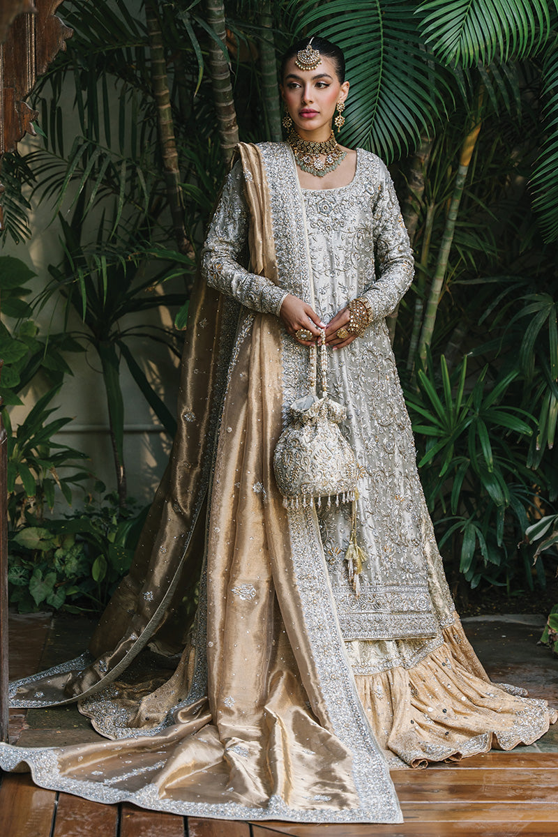 Pakistani Silver Embellished Tissue & Jamawar Bridal Lehenga (3-Piece) - Image 2