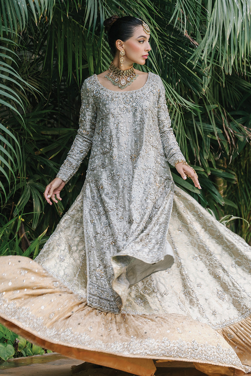 Pakistani Silver Embellished Tissue & Jamawar Bridal Lehenga (3-Piece) - Image 8