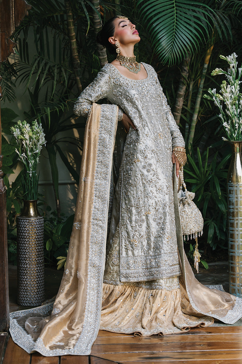 Silver Embroidered Tissue & Jamawar Bridal Lehenga (3-Piece) - Image 3