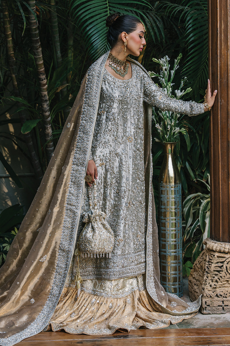 Silver Embroidered Tissue & Jamawar Bridal Lehenga (3-Piece) - Image 4