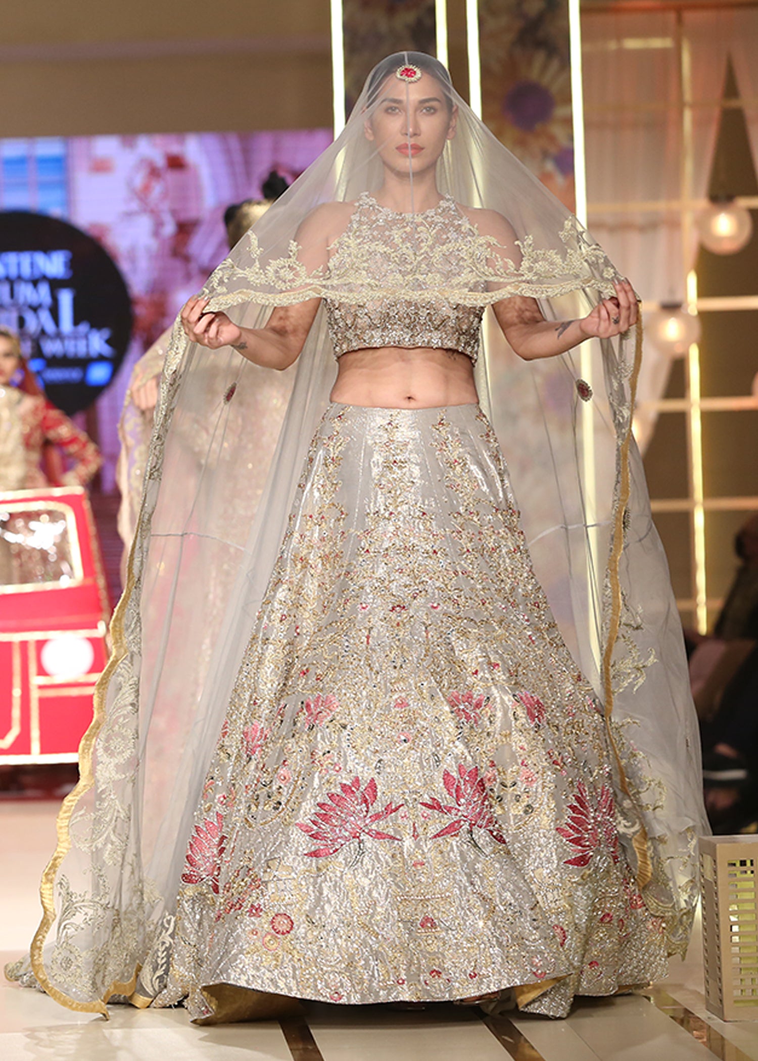 Silver Embellished Tissue Lehenga Choli (3-Piece) - Image 2