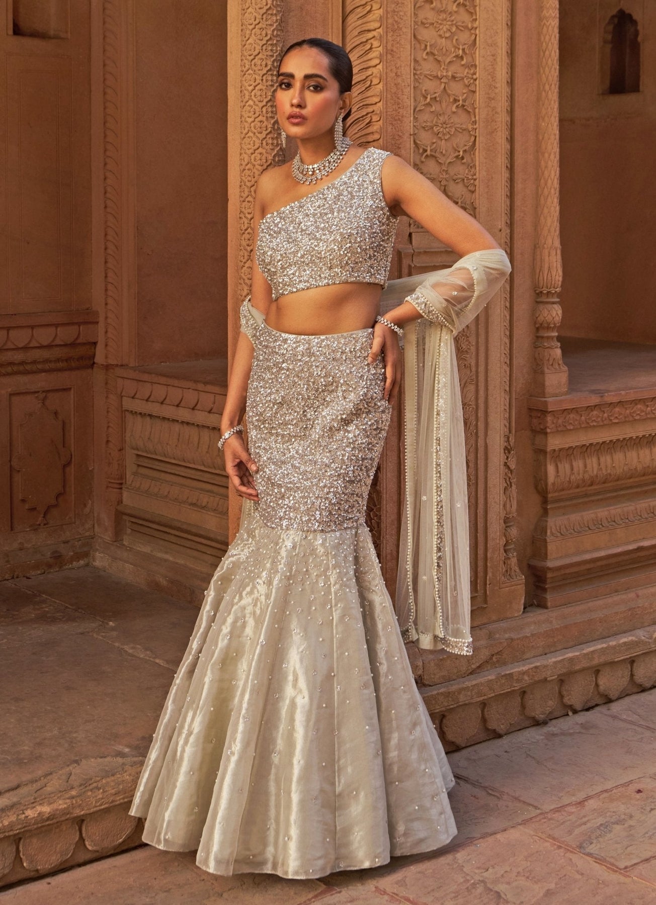 Pakistani Silver Sequin Tissue Organza Mermaid Lehenga (3-Piece) - Image 1
