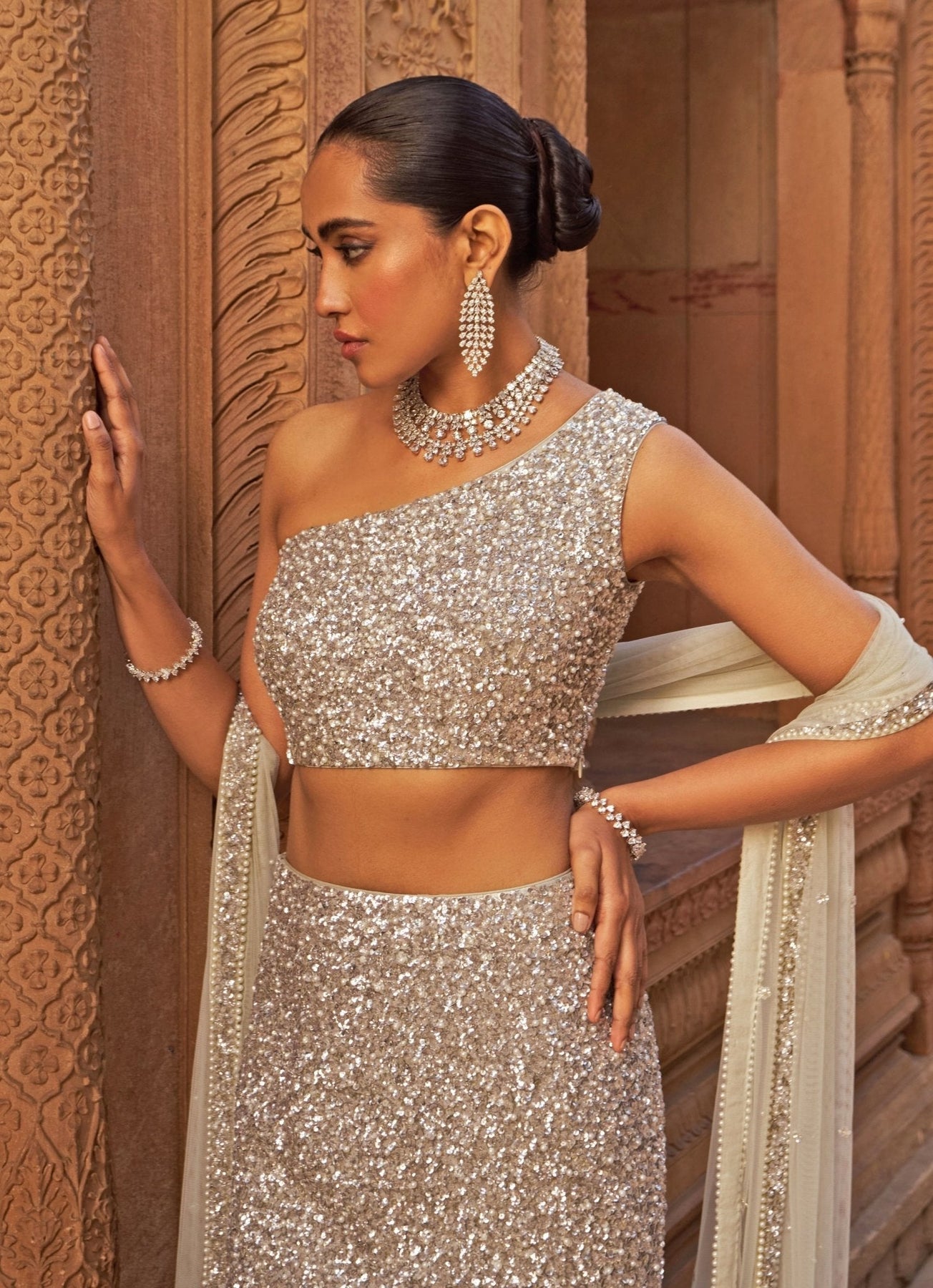 Pakistani Silver Sequin Tissue Organza Mermaid Lehenga (3-Piece) - Image 2