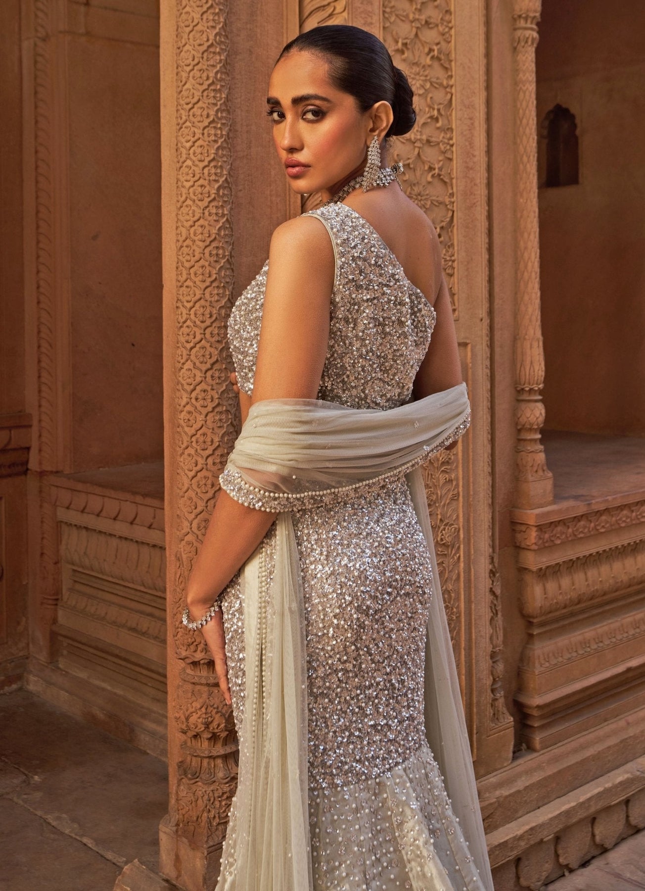 Pakistani Silver Sequin Tissue Organza Mermaid Lehenga (3-Piece) - Image 3