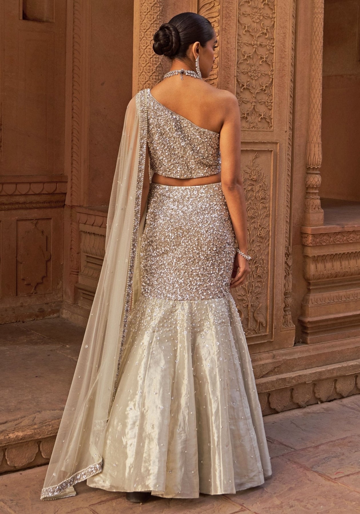 Pakistani Silver Sequin Tissue Organza Mermaid Lehenga (3-Piece) - Image 5