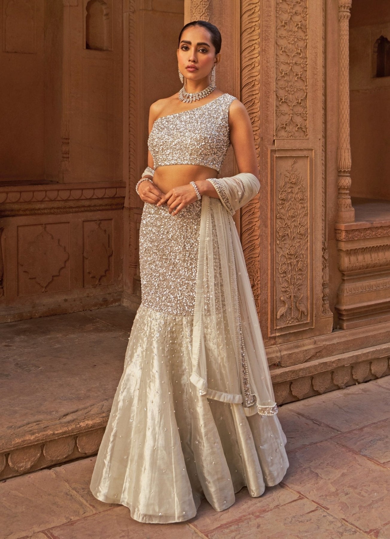 Pakistani Silver Sequin Tissue Organza Mermaid Lehenga (3-Piece) - Image 7