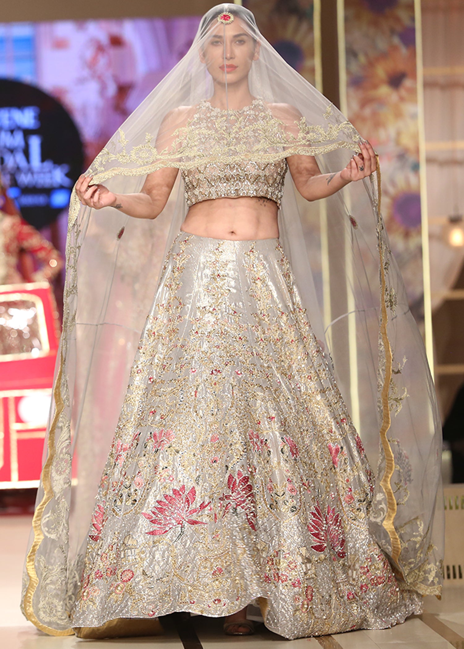 Pakistani Silver Embellished Tissue Lehenga Choli (3-Piece) - Image 1