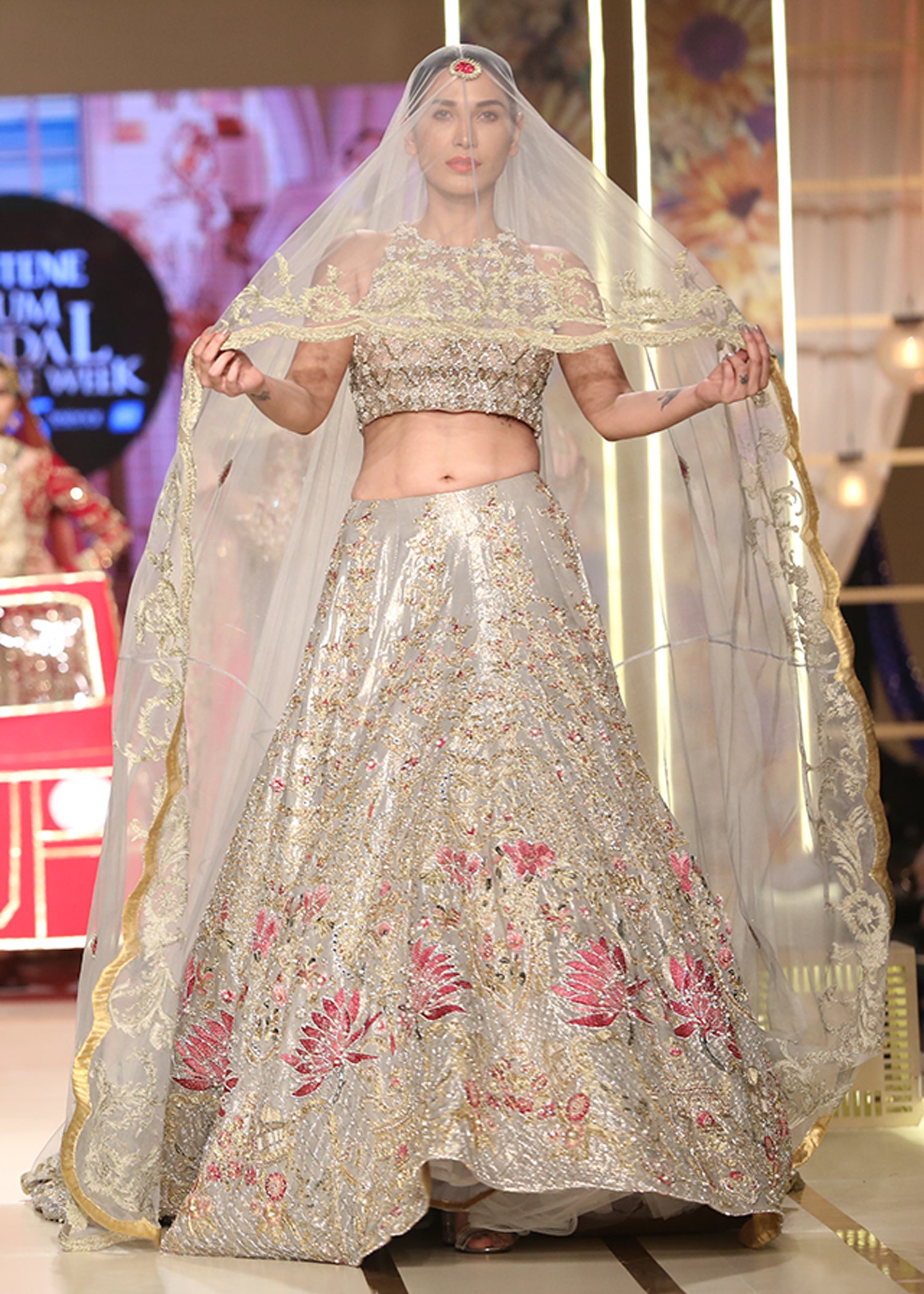 Pakistani Silver Embellished Tissue Lehenga Choli (3-Piece) - Image 4