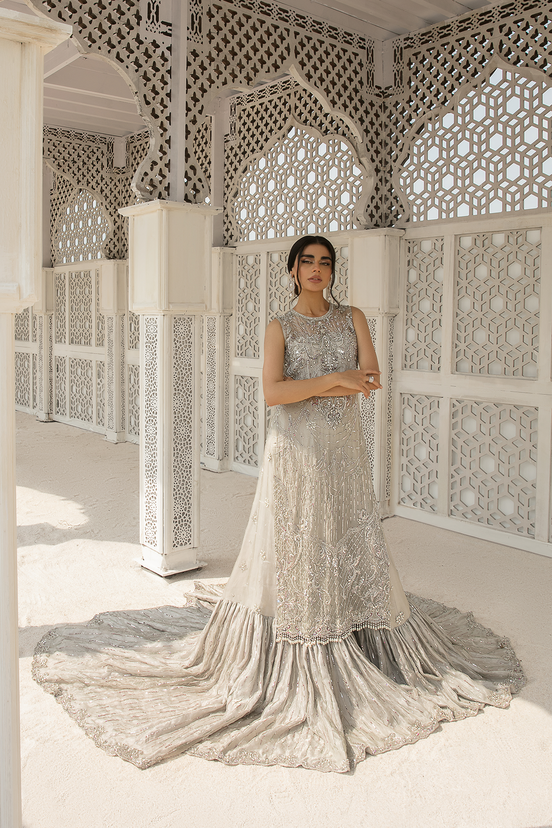Indian Silver Embroidered Tissue Bridal Gown (3-Piece) - Image 1
