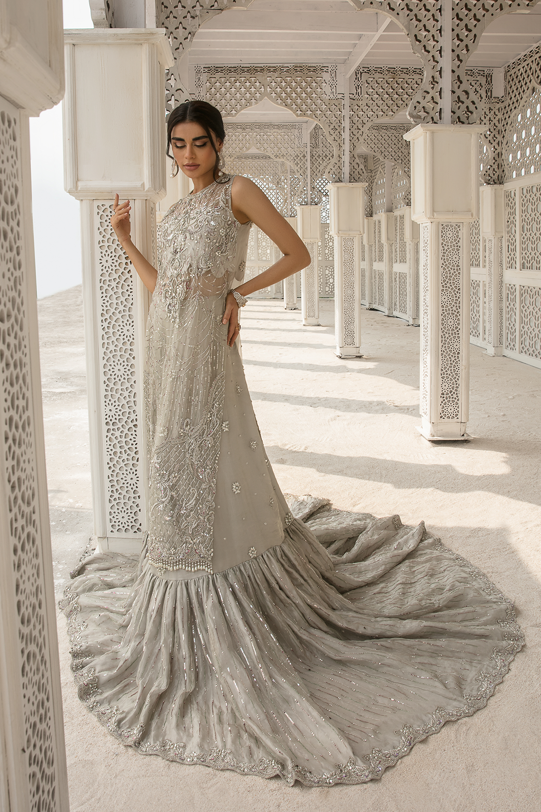 Indian Silver Embroidered Tissue Bridal Gown (3-Piece) - Image 3