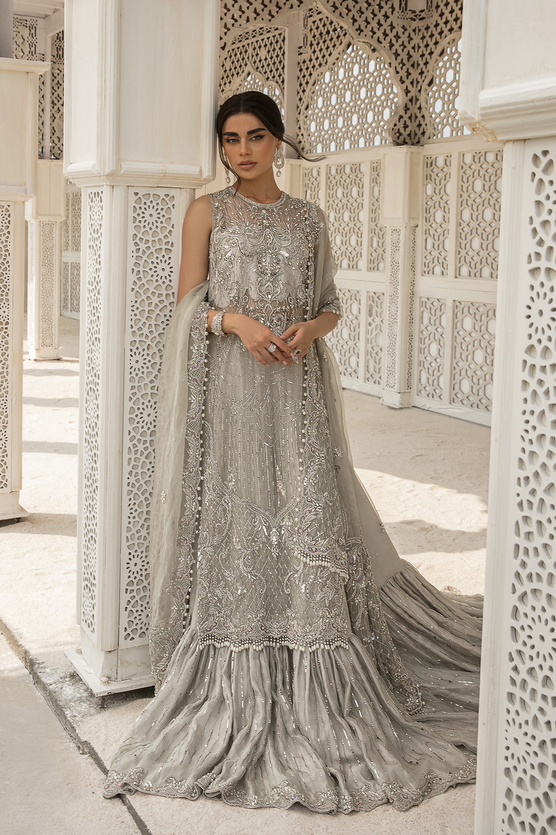 Indian Silver Embroidered Tissue Bridal Gown (3-Piece) - Image 6