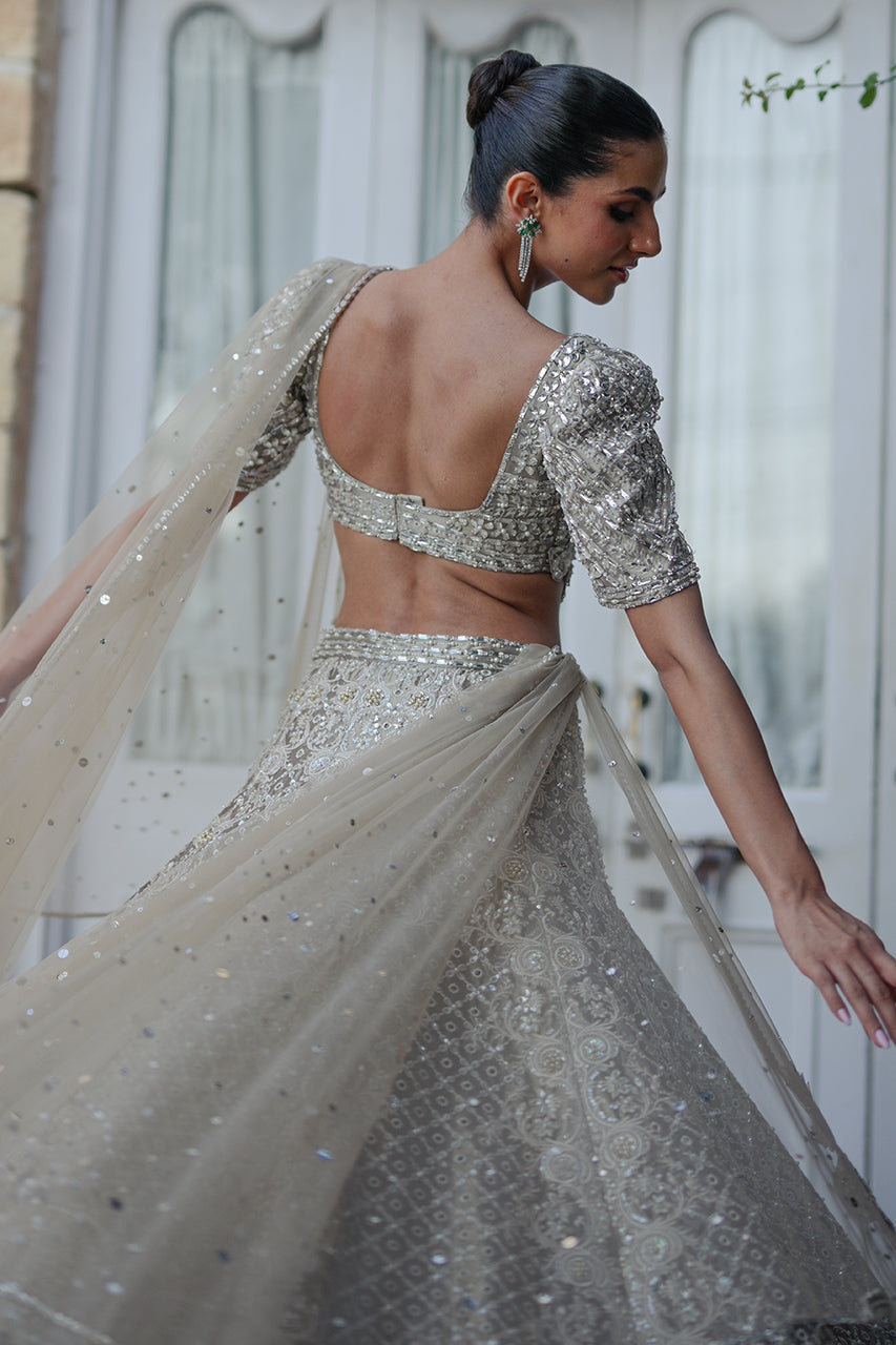 Pakistani Silver Zardozi Tissue Lehenga Choli (3-Piece) - Image 11