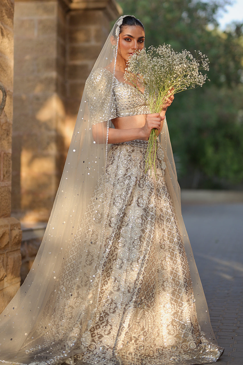 Pakistani Silver Zardozi Tissue Lehenga Choli (3-Piece) - Image 12