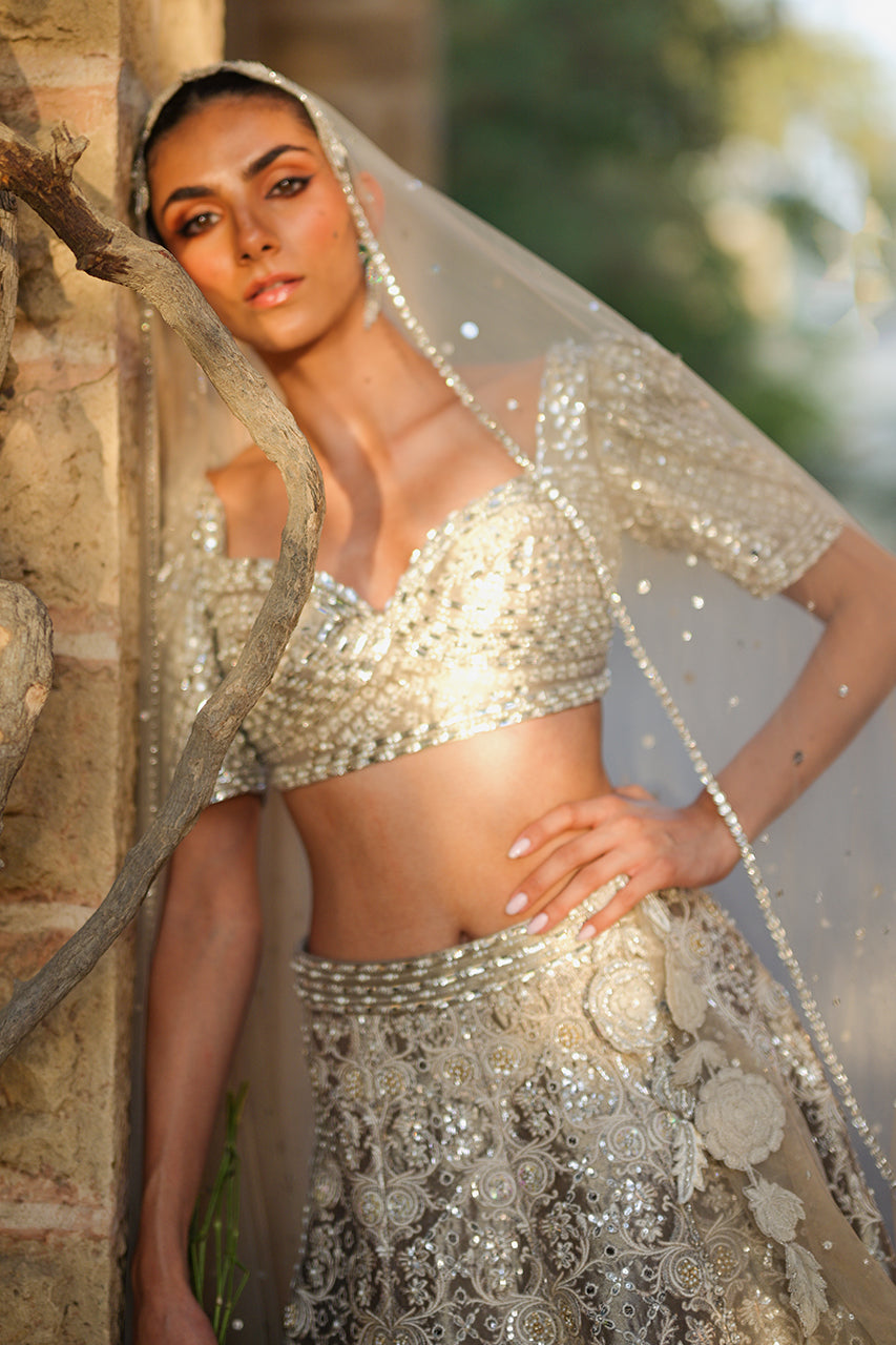 Pakistani Silver Zardozi Tissue Lehenga Choli (3-Piece) - Image 15