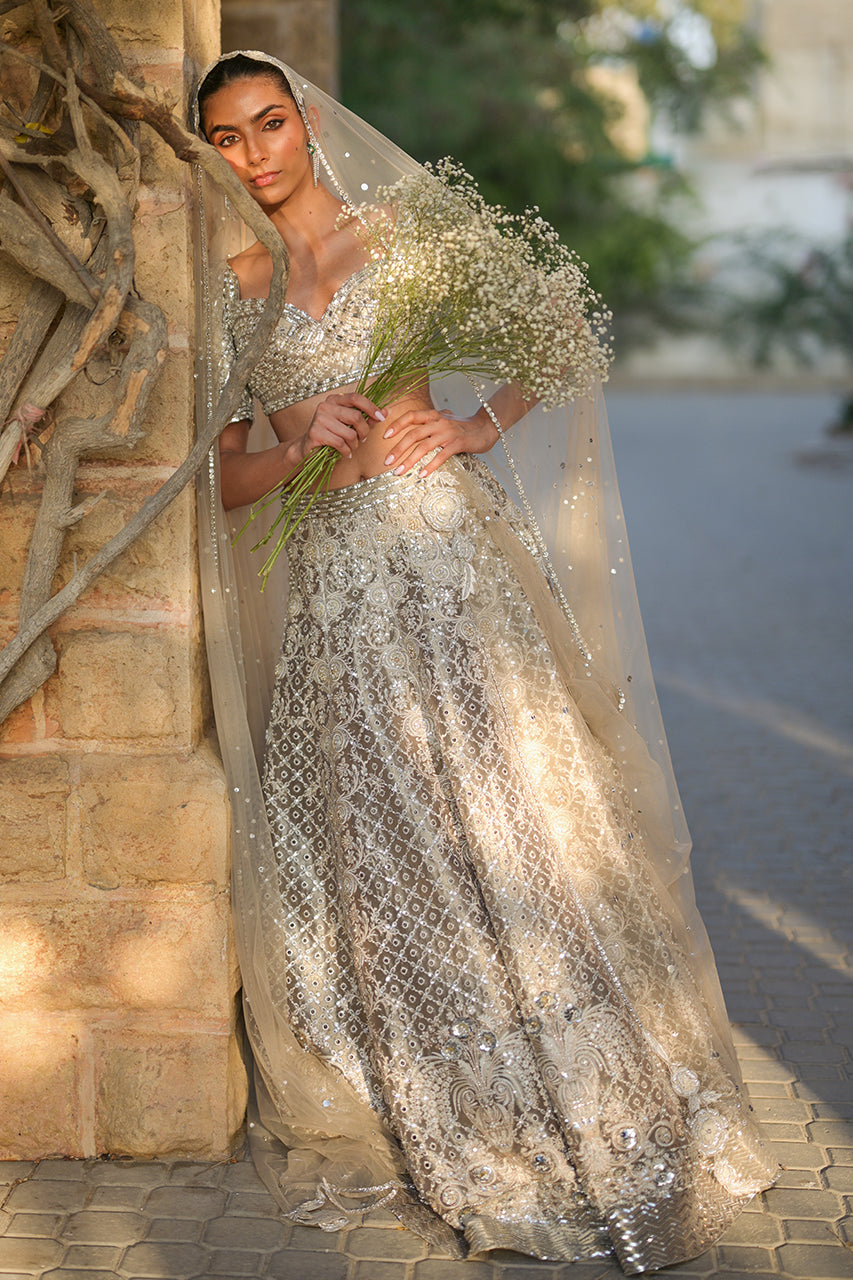 Pakistani Silver Zardozi Tissue Lehenga Choli (3-Piece) - Image 16