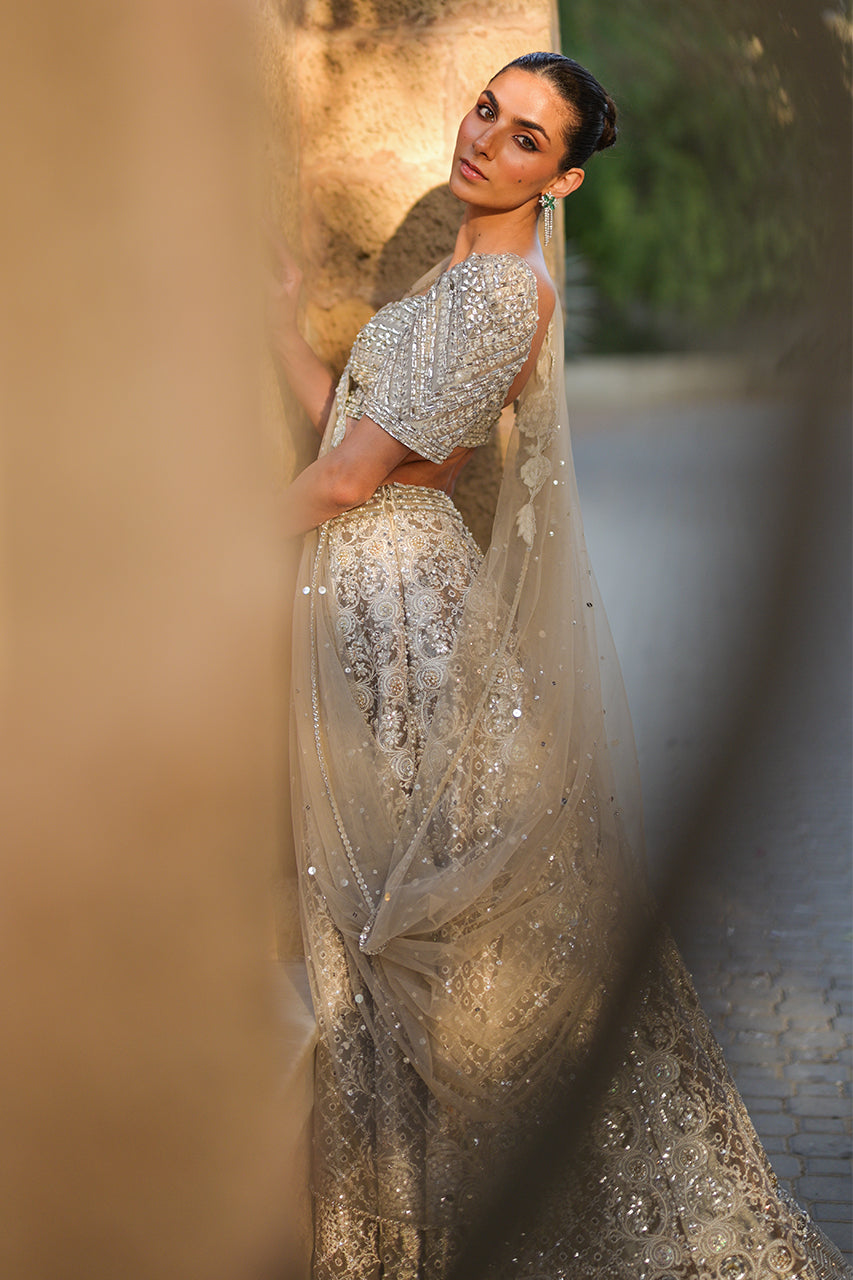 Pakistani Silver Zardozi Tissue Lehenga Choli (3-Piece) - Image 17