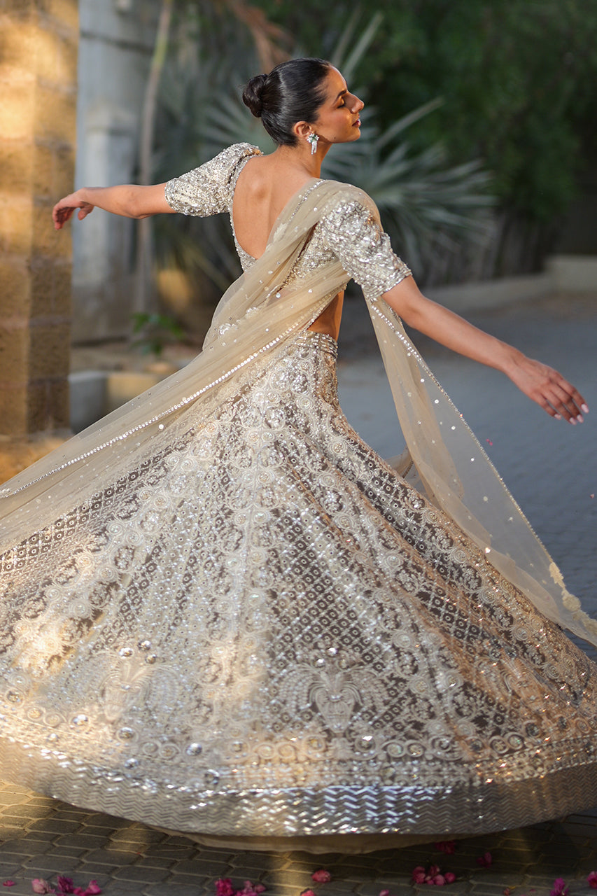 Pakistani Silver Zardozi Tissue Lehenga Choli (3-Piece) - Image 20