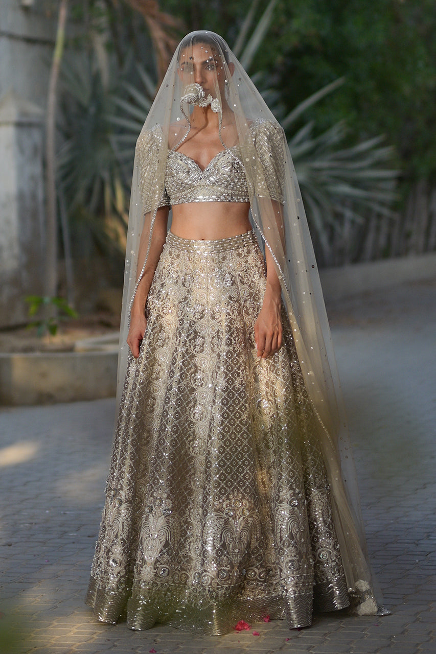 Pakistani Silver Zardozi Tissue Lehenga Choli (3-Piece) - Image 23