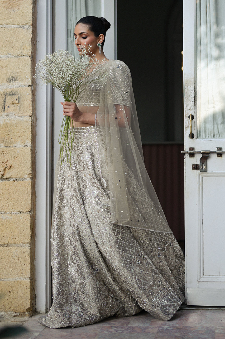 Pakistani Silver Zardozi Tissue Lehenga Choli (3-Piece) - Image 4