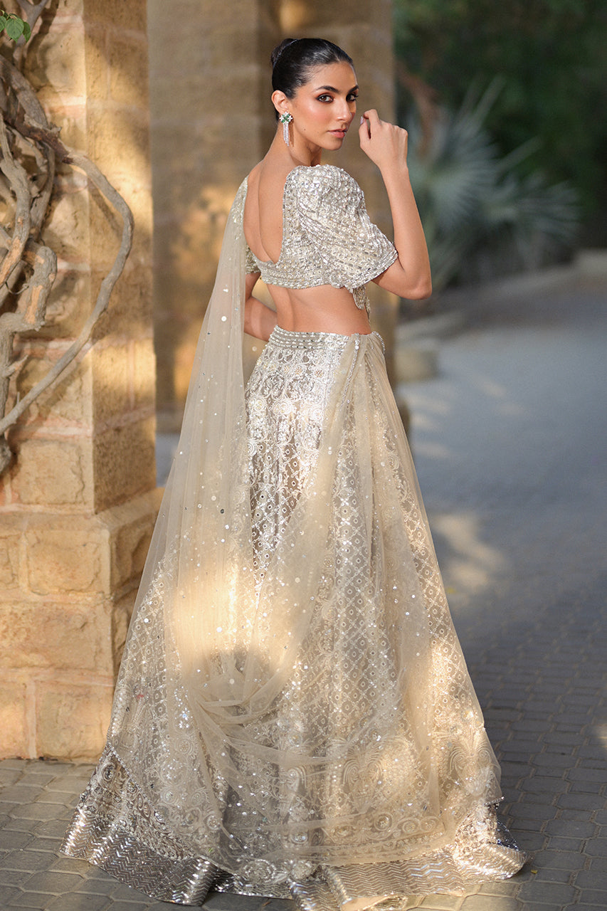 Pakistani Silver Zardozi Tissue Lehenga Choli (3-Piece) - Image 6