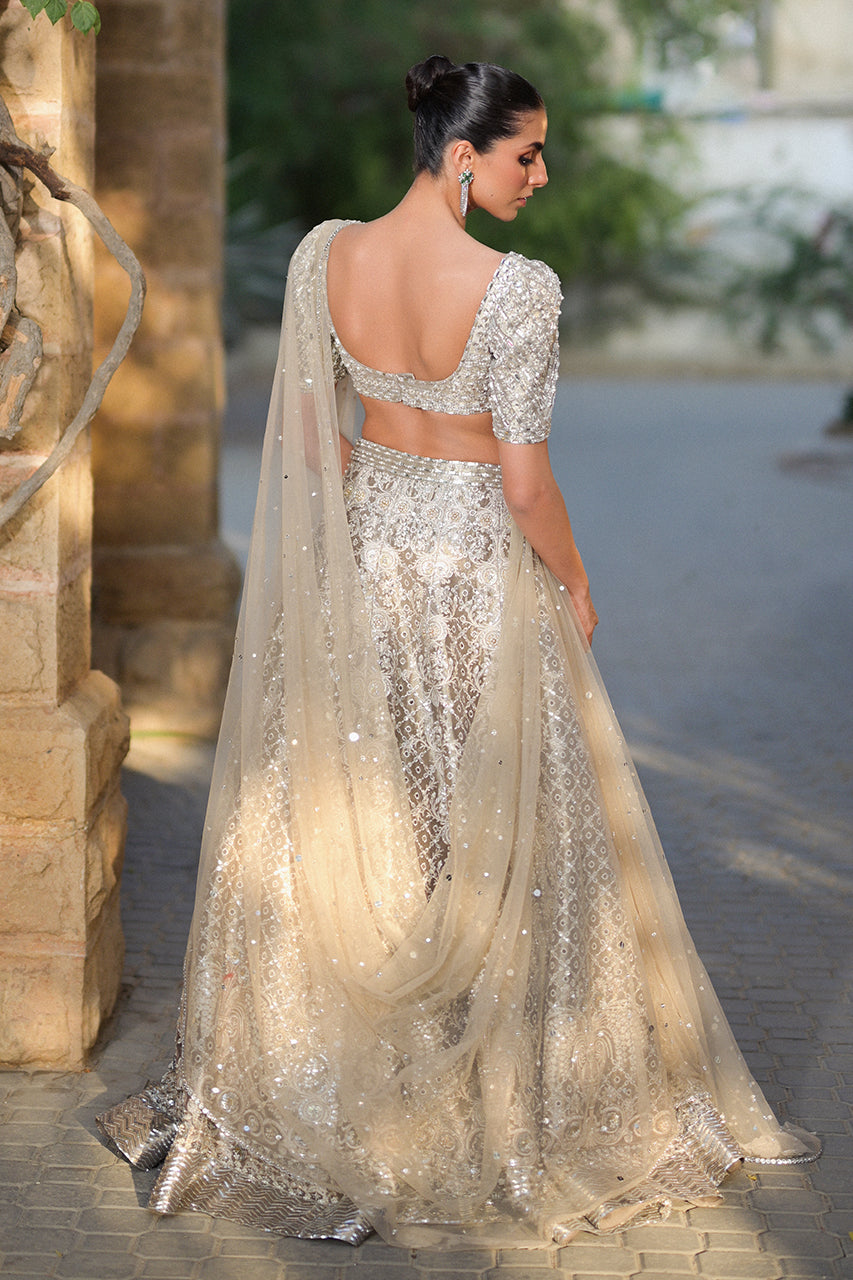 Pakistani Silver Zardozi Tissue Lehenga Choli (3-Piece) - Image 7