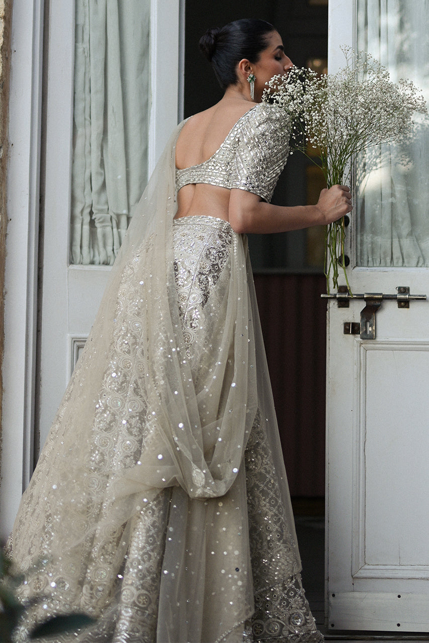 Pakistani Silver Zardozi Tissue Lehenga Choli (3-Piece) - Image 9