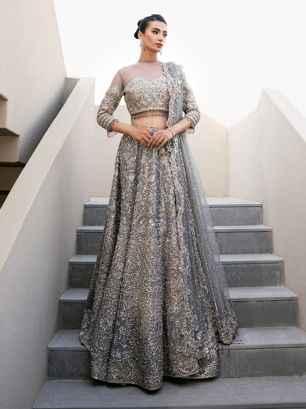 Pakistani Silver Embellished Tulle Lehenga Choli (3-Piece) - Image 1