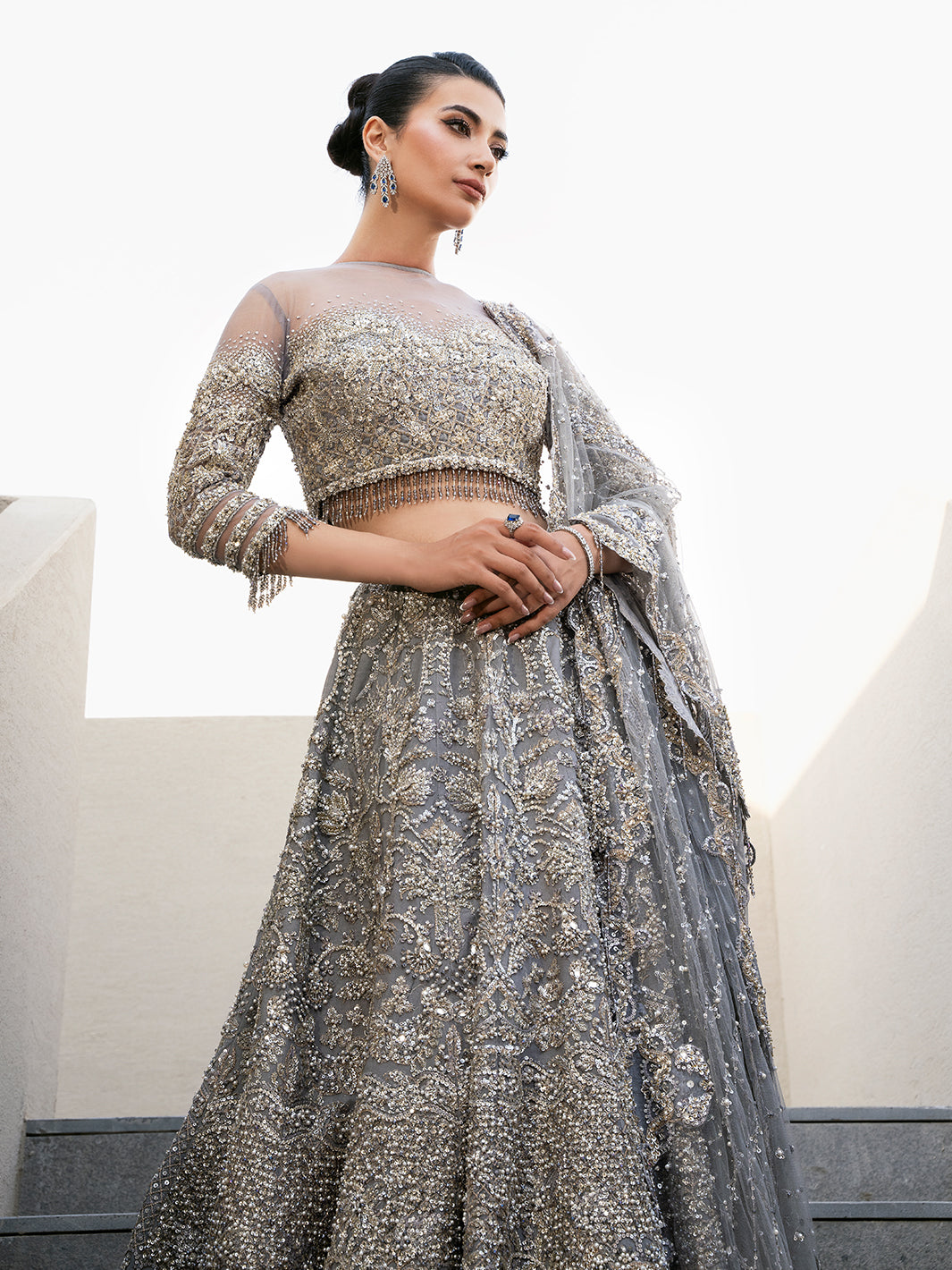 Pakistani Silver Embellished Tulle Lehenga Choli (3-Piece) - Image 2