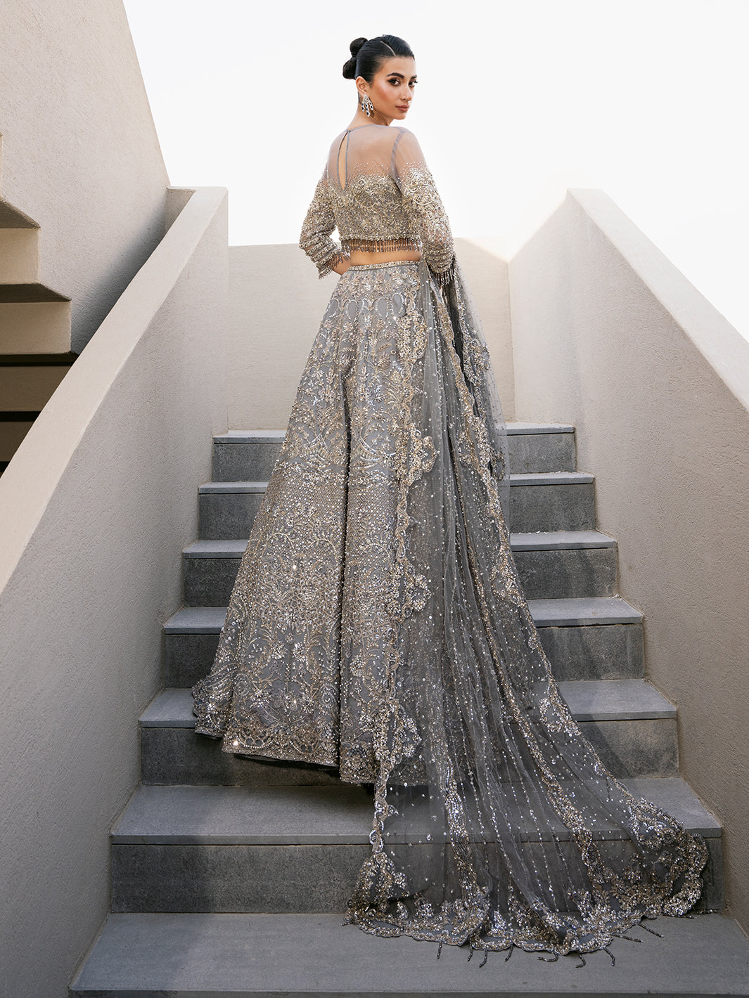 Pakistani Silver Embellished Tulle Lehenga Choli (3-Piece) - Image 3