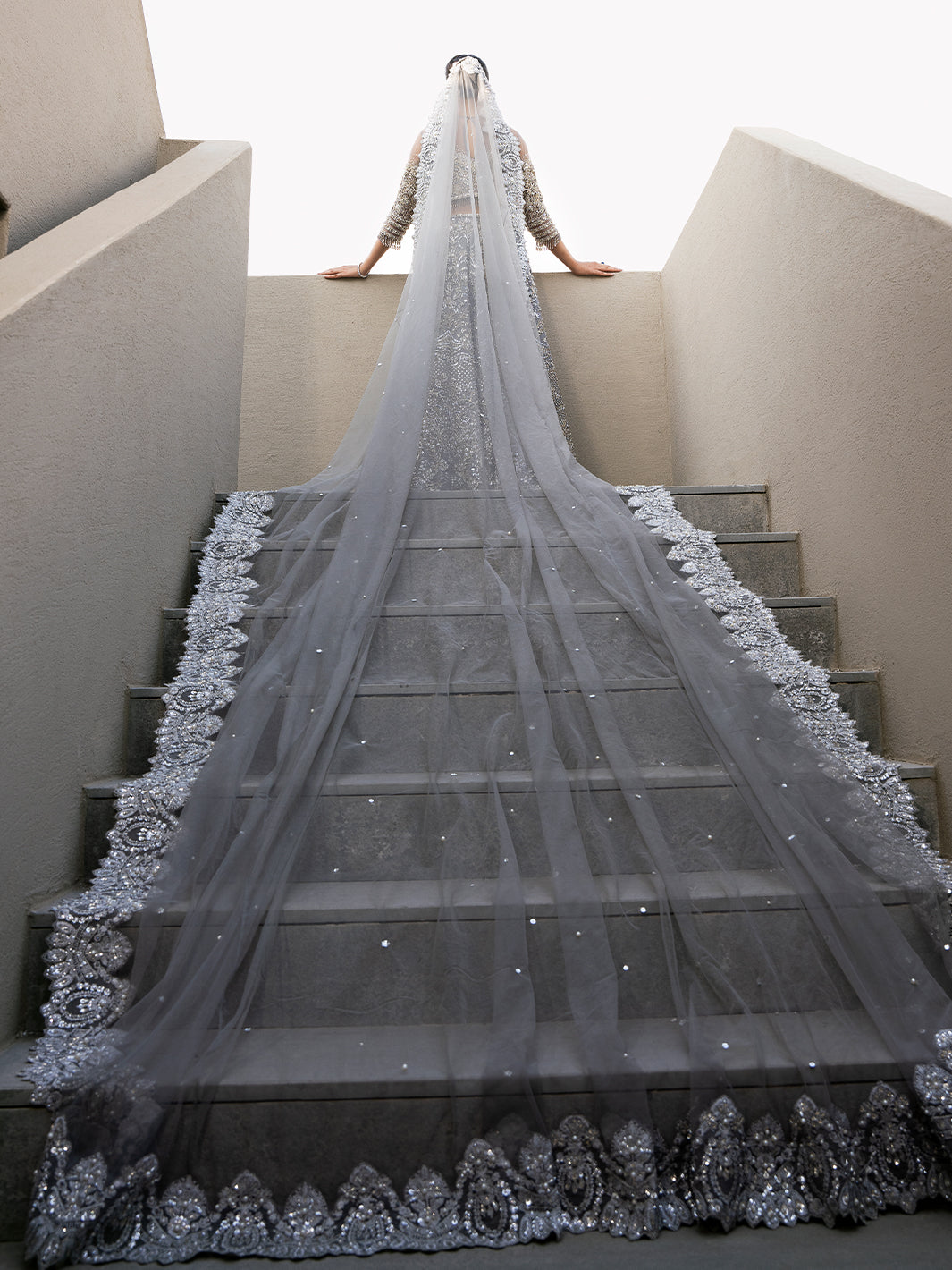 Pakistani Silver Embellished Tulle Lehenga Choli (3-Piece) - Image 4