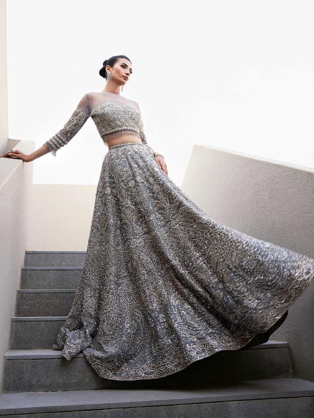 Pakistani Silver Embellished Tulle Lehenga Choli (3-Piece) - Image 7