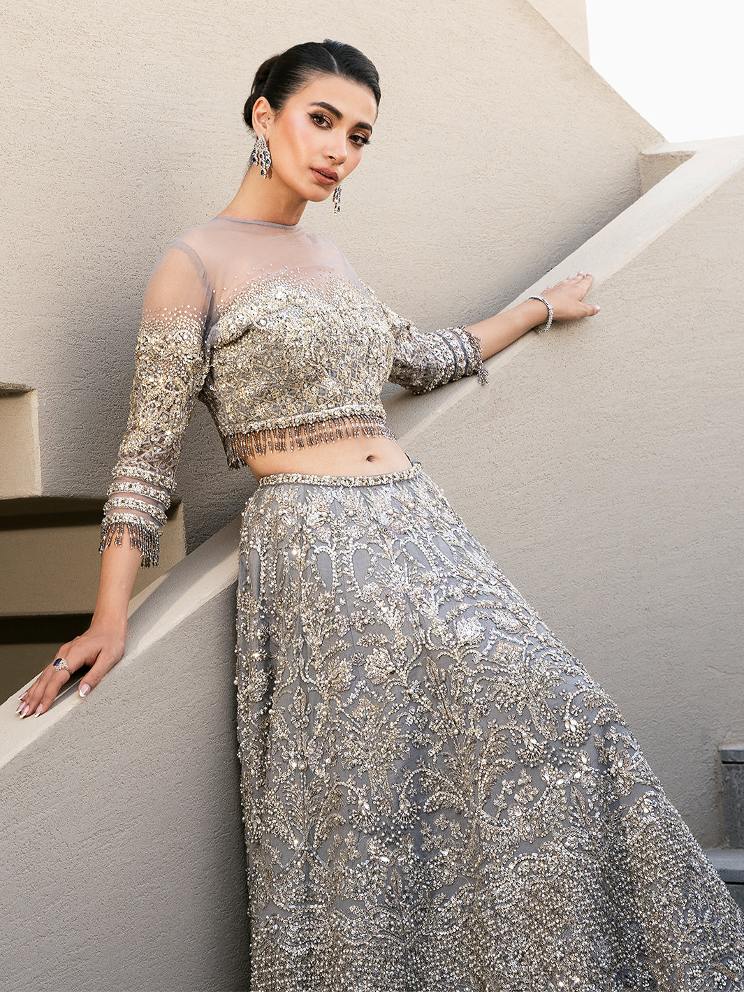 Pakistani Silver Embellished Tulle Lehenga Choli (3-Piece) - Image 8