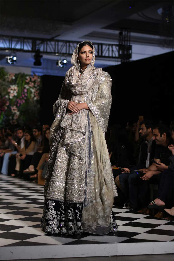 Pakistani Silver Embellished Velvet-Hem Bridal Lehenga (3-Piece) - Image 1