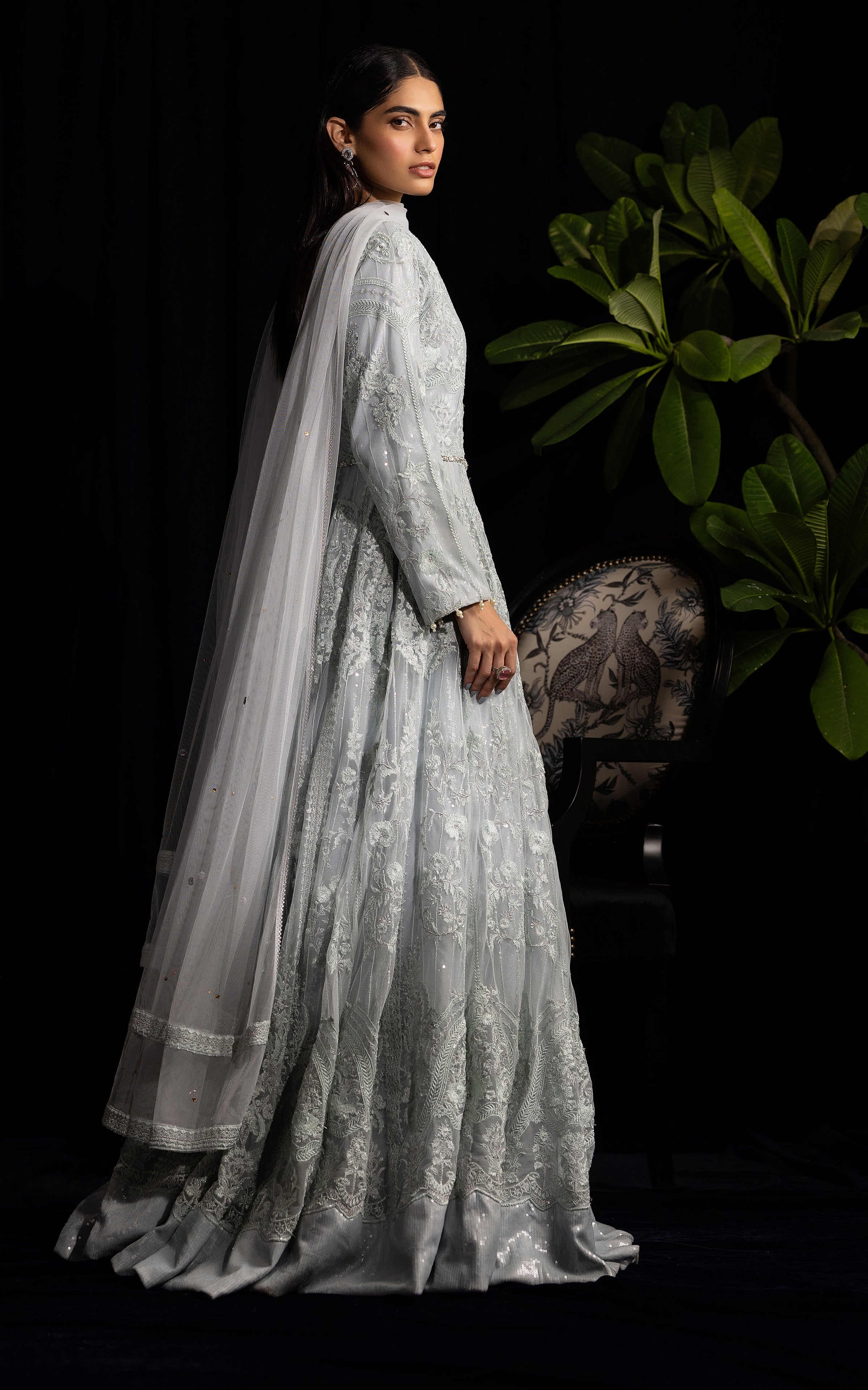 Pale Silver Embroidered Net Maxi Dress (2-Piece) - Image 2