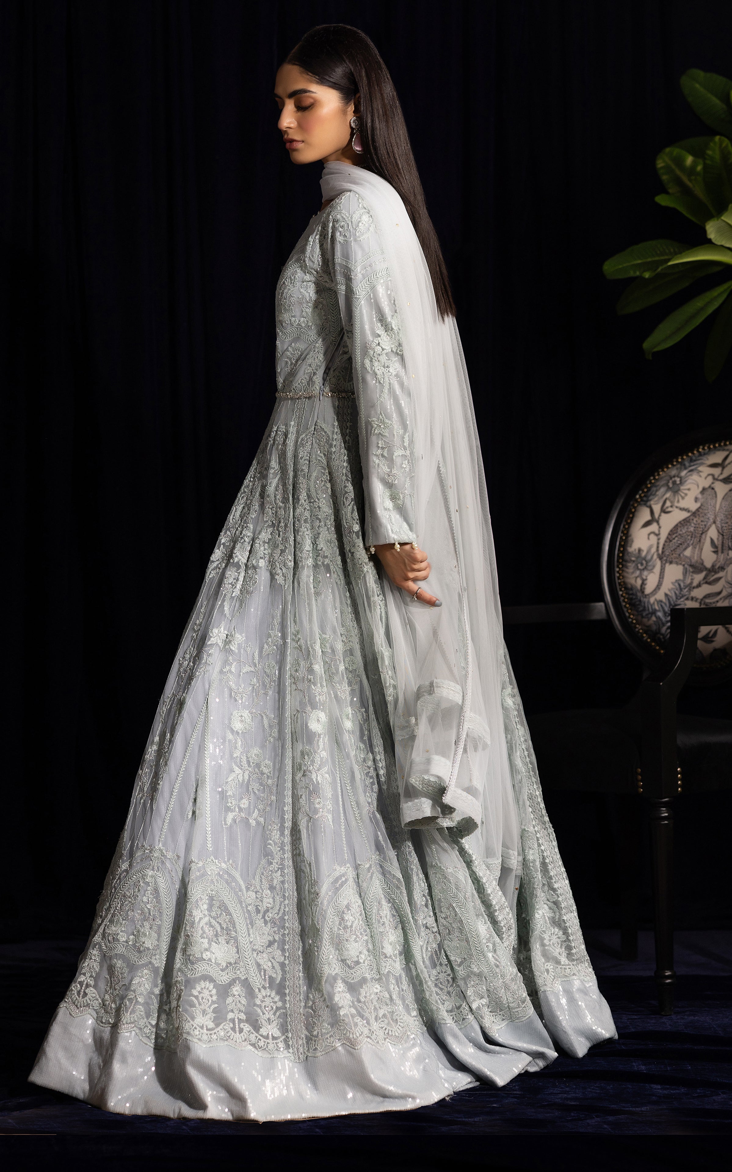 Pale Silver Embroidered Net Maxi Dress (2-Piece) - Image 3