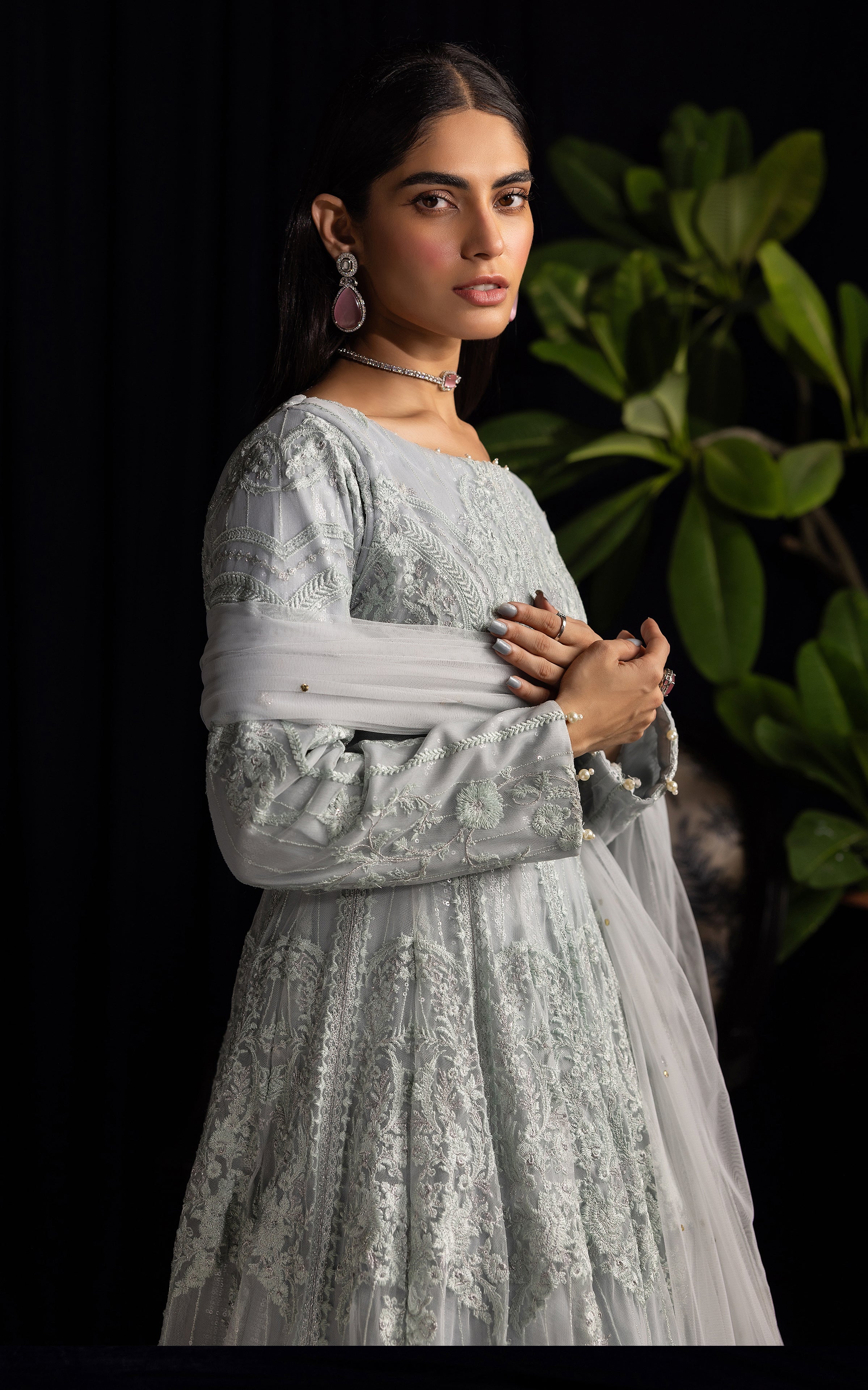 Pale Silver Embroidered Net Maxi Dress (2-Piece) - Image 4